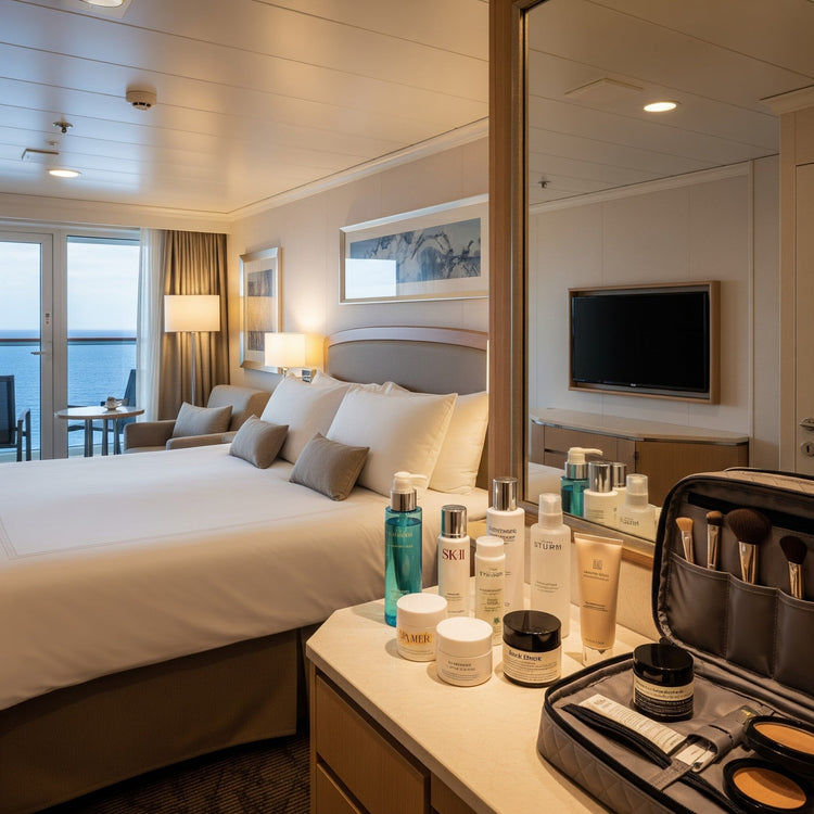 Cruise ship stateroom with ocean view balcony, featuring skincare and beauty products displayed on a vanity table for travel self-care.