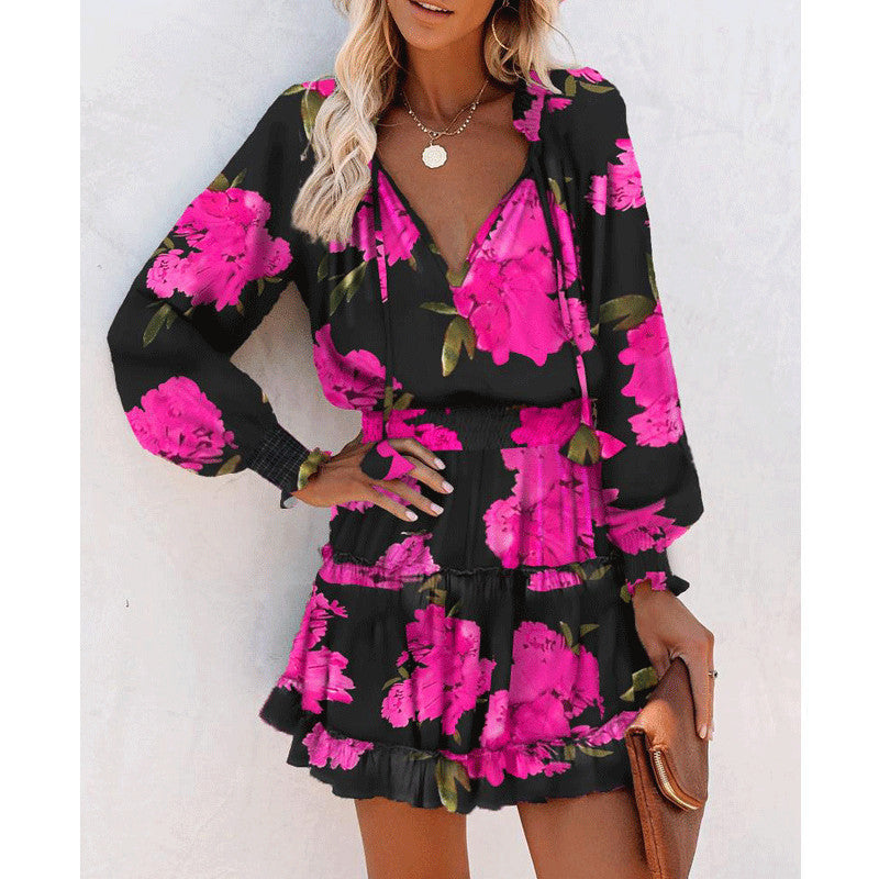 Floral Puff-Sleeve Ruffle Dress – Elastic Waist, V-Neck, Flowy Hem - The Dock Drop