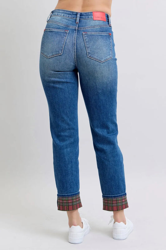 Judy Blue Full Size Plaid Print Cuff Straight Leg Jeans with Pockets – Medium – 1(25)