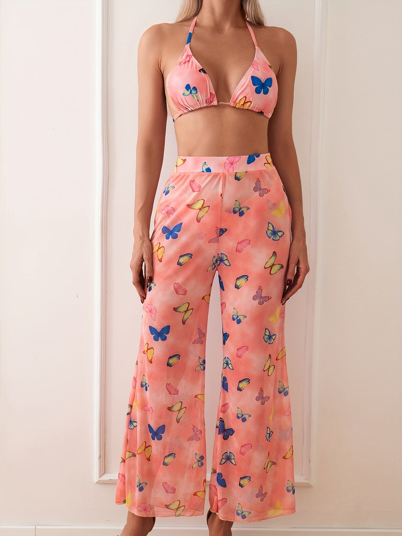 Teen Butterfly Print Swim Set – Triangle Top & Wide-Leg Coverup Pants - The Dock Drop