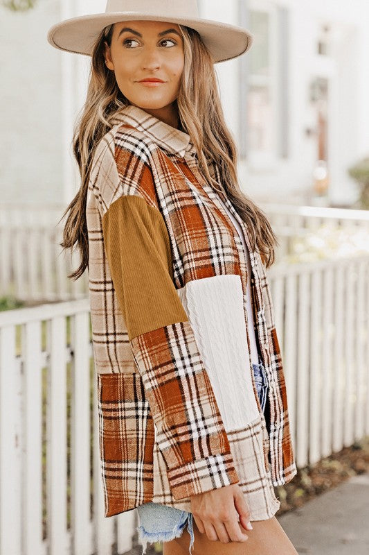 Plaid Color Block Patchwork Jacket with Pocket
