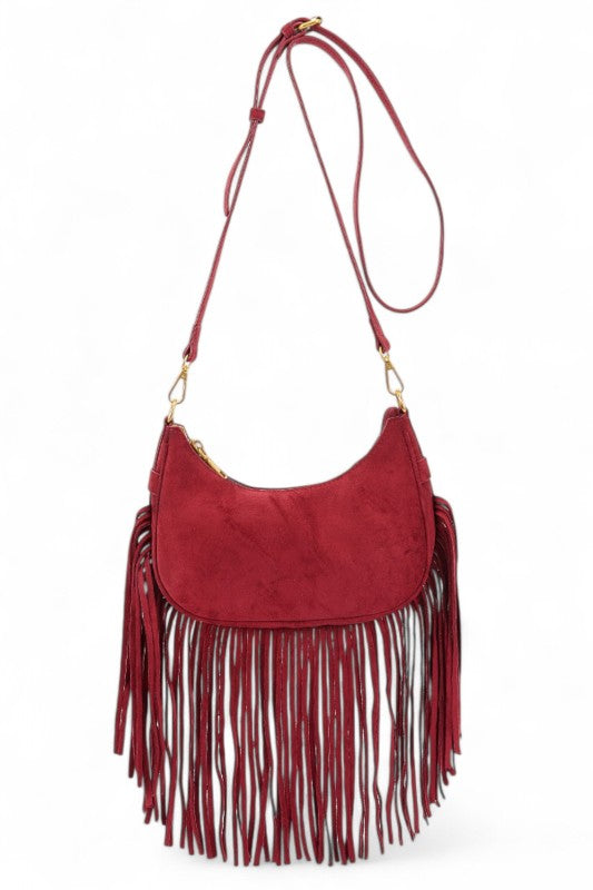 Faux Suede Fringe Boho Crossbody Bag – Brown – O/S