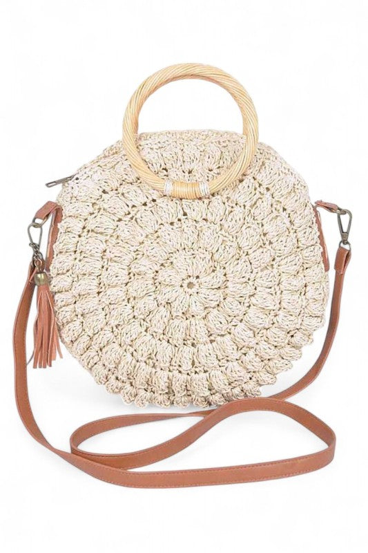 Wooden Handle Crochet Straw Circle Bag – Khaki – O/S