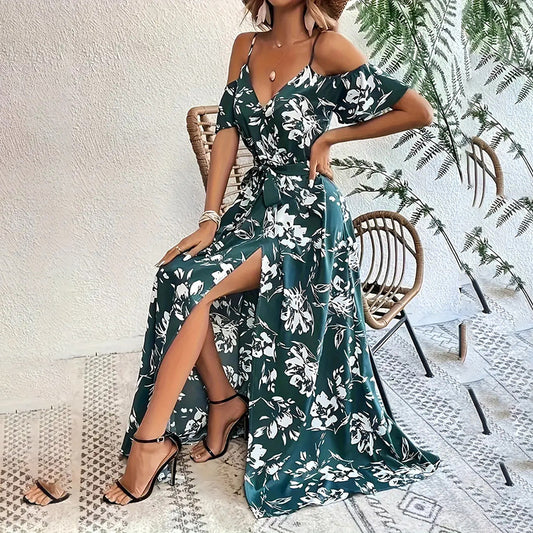 Women’s Floral Maxi Dress — Off-Shoulder A-Line with Split Hem - The Dock Drop