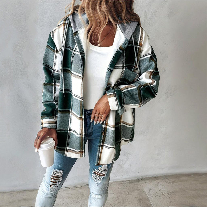 Coastal Plaid Drawstring Hoodie Shirt
