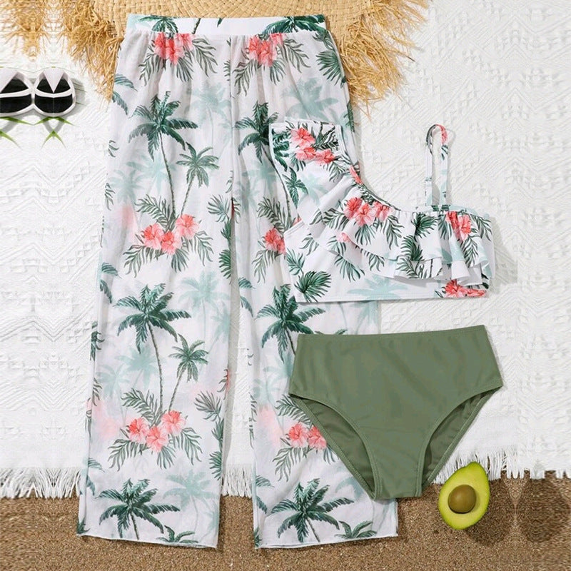 Girls’ 3-Piece Palm Paradise Swim Set – Rashguard Top + Swim Pants + Bikini Bottom - The Dock Drop