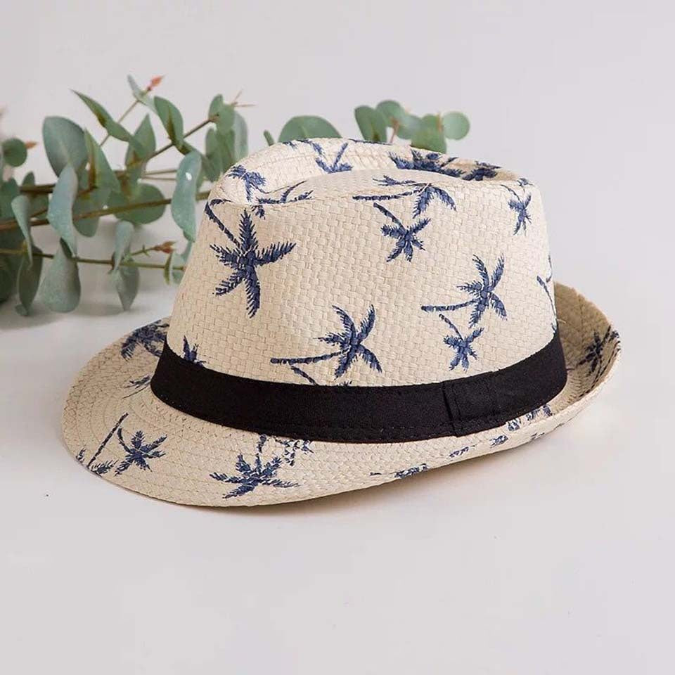 Seaside Breeze Straw Fedora – Palm Print Summer Hat - The Dock Drop