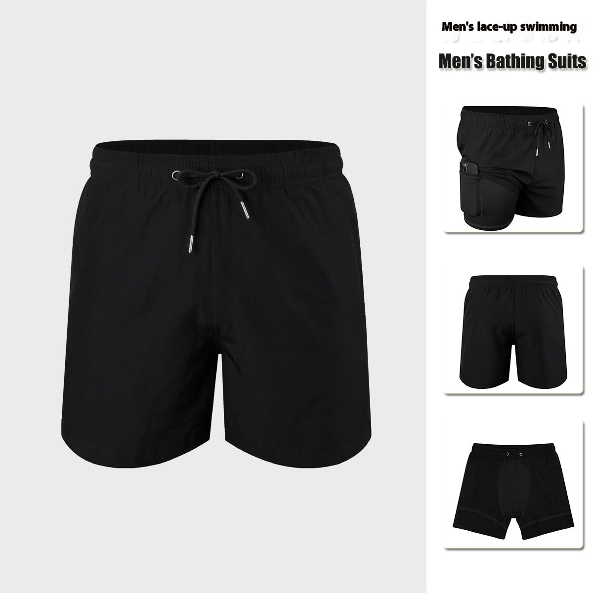 Men’s Double-Layer Anti-Embarrassment Swim Trunks with Side Pocket