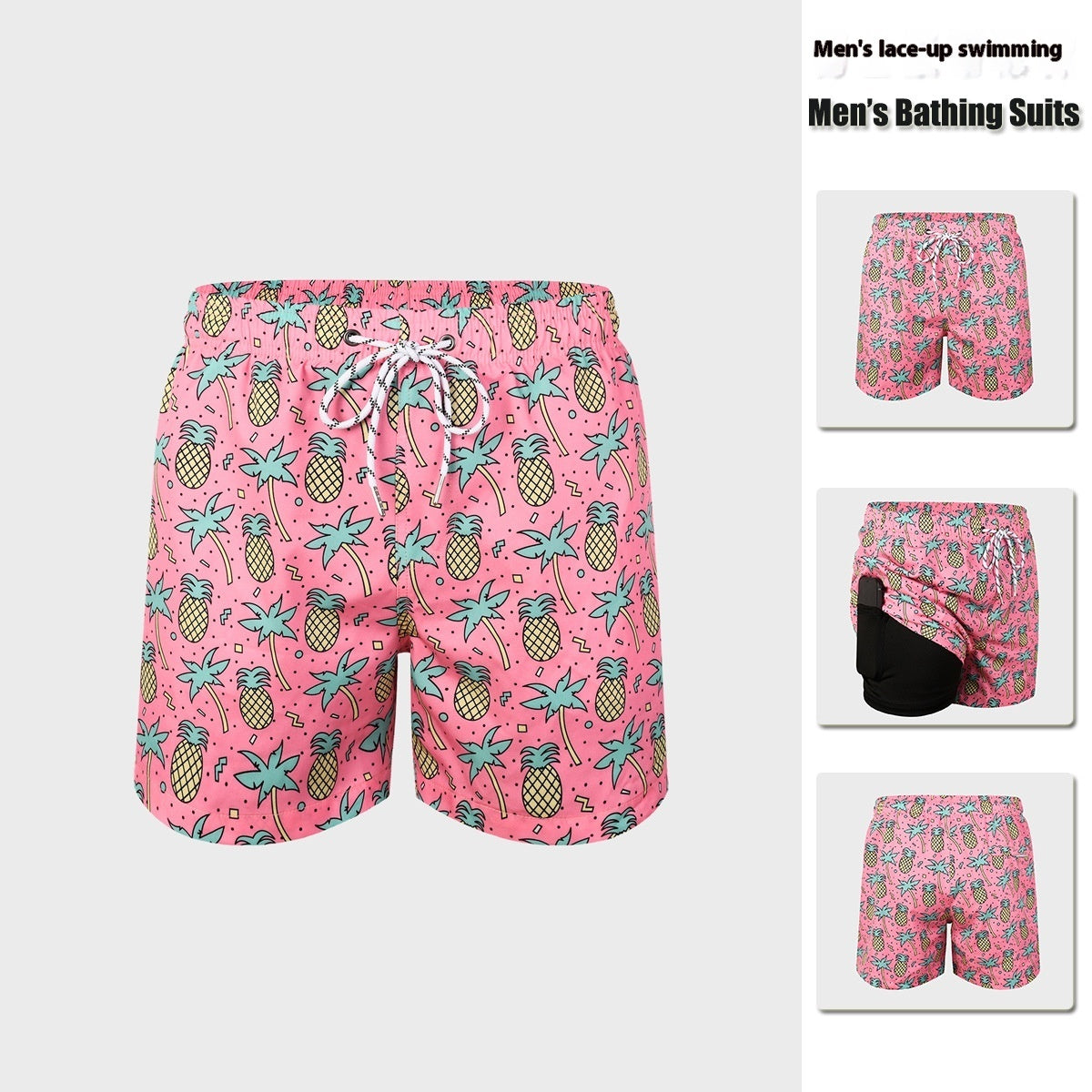 Men’s Double-Layer Anti-Embarrassment Swim Trunks with Side Pocket