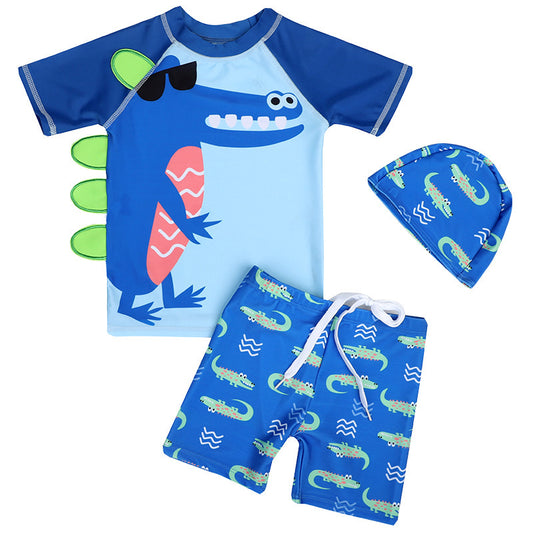 Dock Drop Kids’ Dino Swim Set – 3 Piece Rash Guard with Trunks and Cap - The Dock Drop