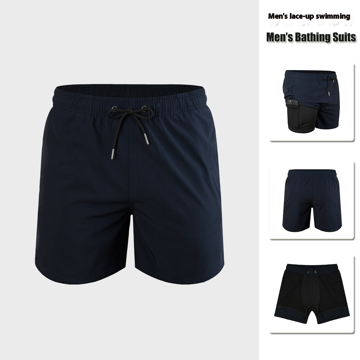 Men’s Double-Layer Anti-Embarrassment Swim Trunks with Side Pocket