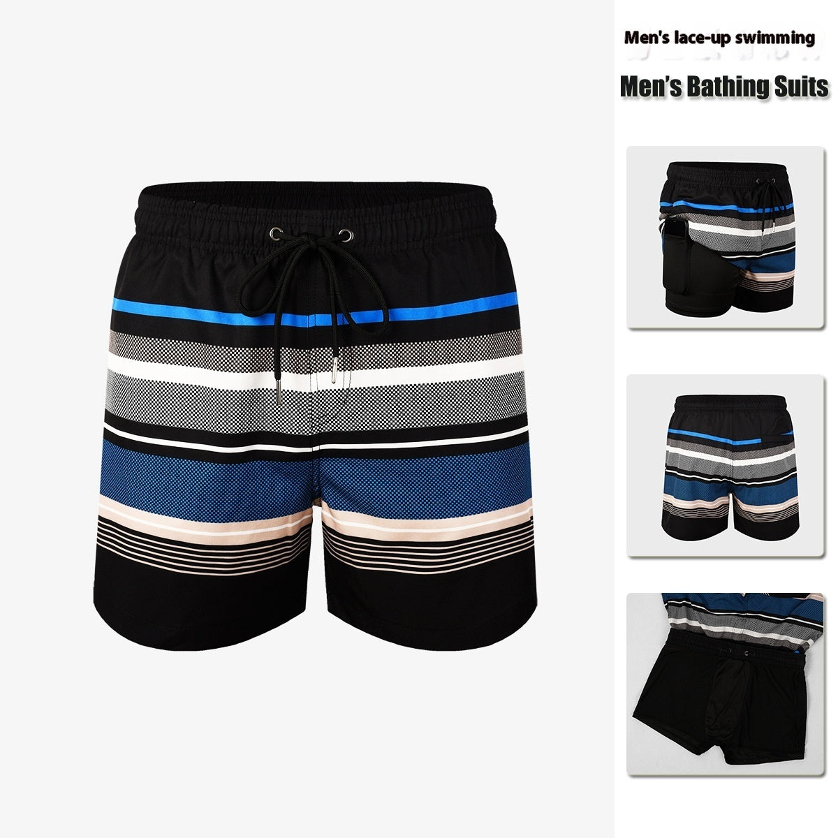 Men’s Double-Layer Anti-Embarrassment Swim Trunks with Side Pocket