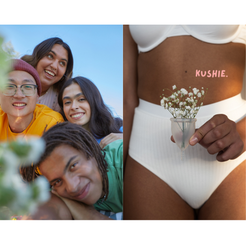 Two images side by side; on the left, a group of people smiling outdoors, on the right, a person holding a small plant with 'KUSHIE' branding.