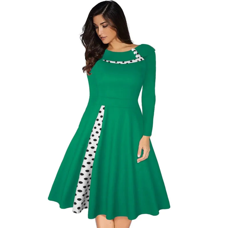 Vintage Polka-Dot A-Line Midi Dress – Long Sleeve, Button Patchwork (S–3XL)