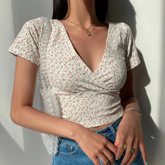 French Floral Wrap Top – Short Sleeve V-Neck Slim Fit Blouse
