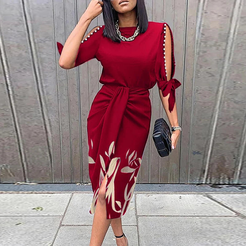 Navy Blue Cutout Sleeve Midi Dress – Elegant O-Neck Bodycon Fit