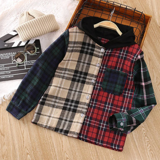 Kids Plaid Hooded Shirt – Multi-Color Button-Up, Long Sleeve