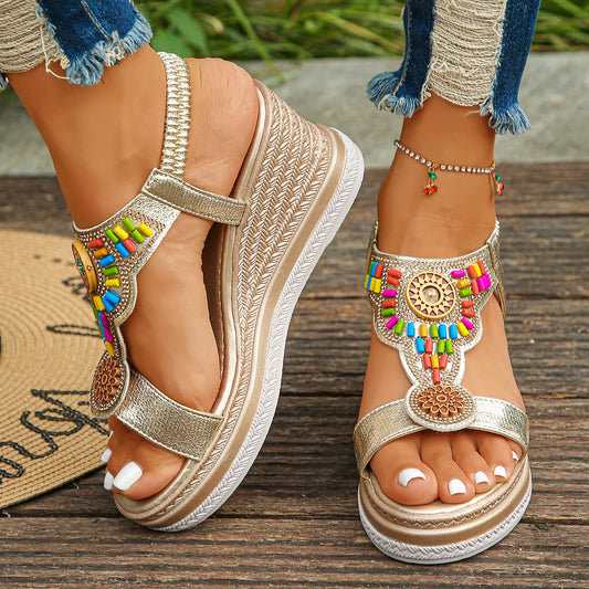 Women’s Boho Platform Wedge Sandals – Beaded Summer Comfort Shoes