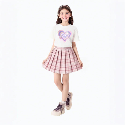 Girls’ T-Shirt & Plaid Skirt Set – 2 Piece Outfit