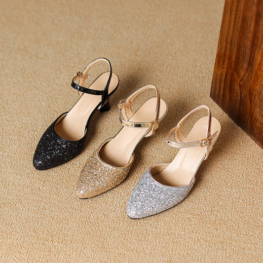 Women's Glitter Closed-Toe Kitten Heels with Ankle Strap