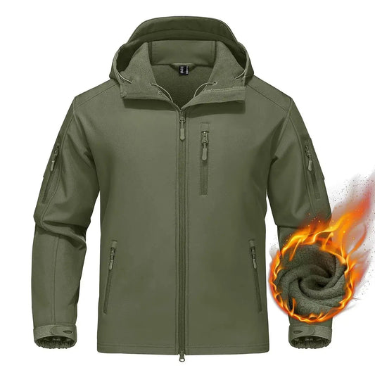 Green tactical jacket with flame graphic on a white background, featuring the brand 'TacAsen'.