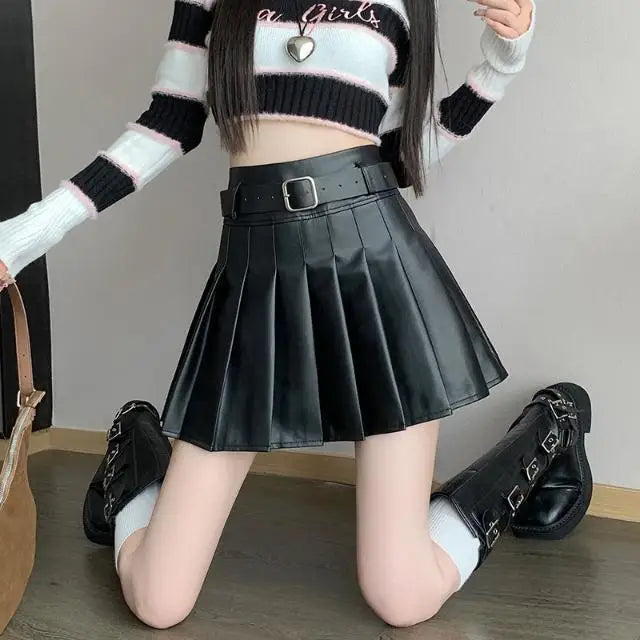 Women’s Pleated PU Mini Skirt with Belt – High-Waist, A-Line