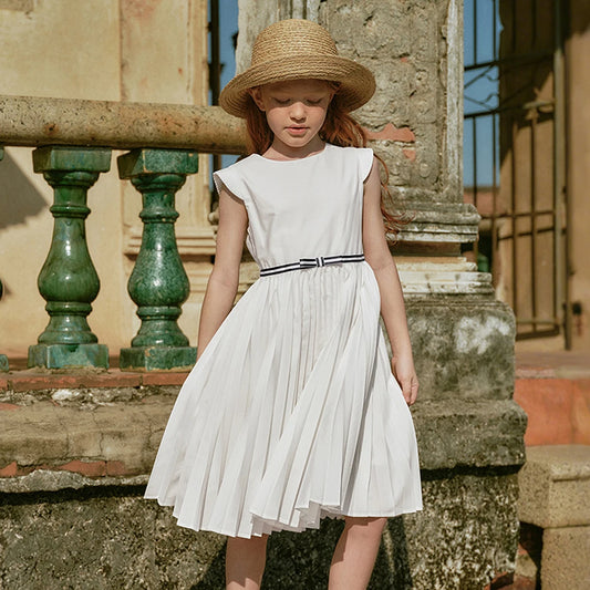 Girls White Pleated Party Dress – Sleeveless A-Line Dress