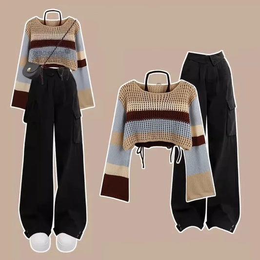 Striped Knit Sweater & Cargo Pants Set – Hollow Crop Pullover + High-Waist Trousers