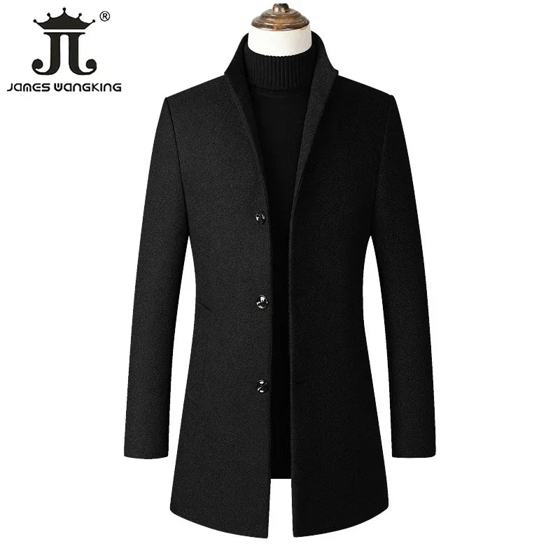 Men’s Wool-Blend Winter Overcoat – Stand Collar, Slim Long Coat