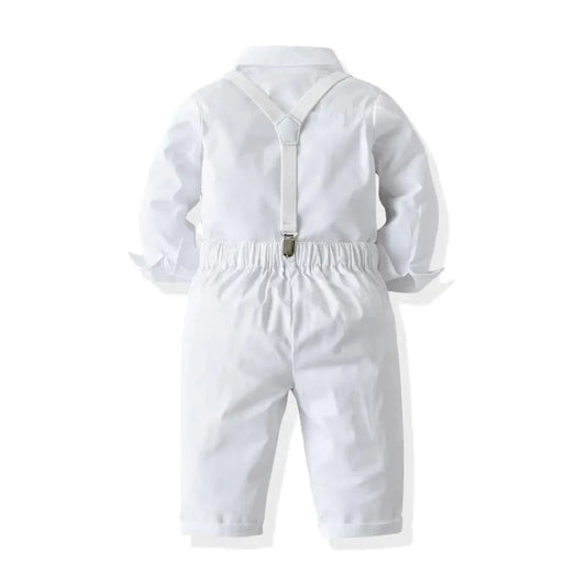 Boys White Formal Outfit Set – Shirt, Bow Tie & Suspenders
