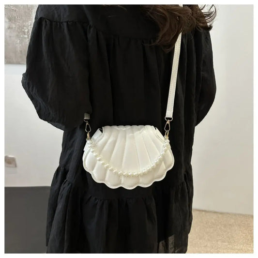 Shell-Shaped Crossbody Bag – Pearl Trim, Compact Chic