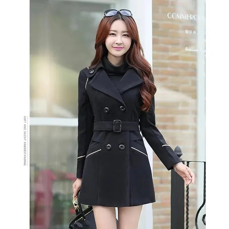 Women’s Wool-Blend Double-Breasted Coat – Classic Long Peacoat