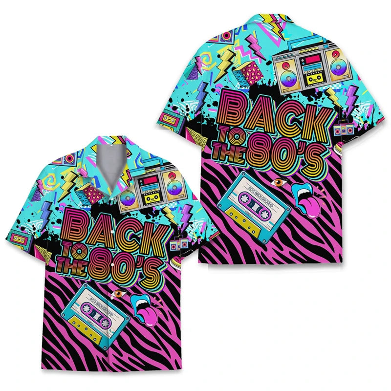 Men’s Retro Geometric Print Button-Up Shirt – 80s Theme Night