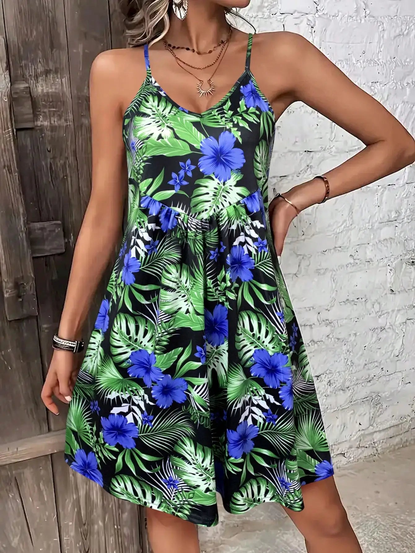 Tropical Print V-Neck Sundress