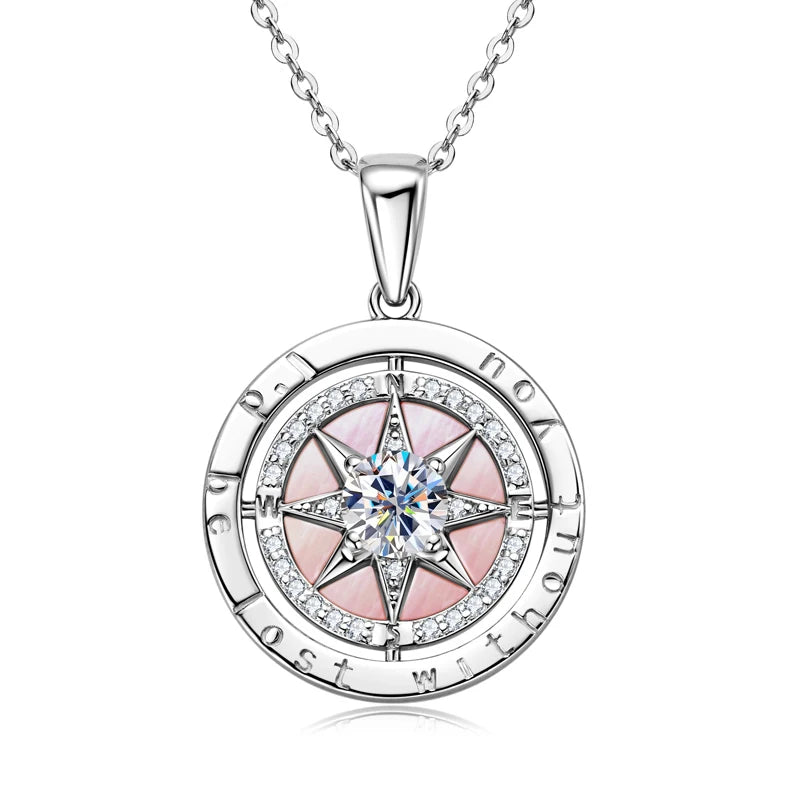 Women’s Sterling Silver Compass Necklace – 6.5mm Cubic Zirconia Pendant