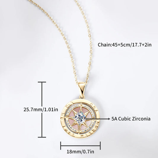 Women’s Sterling Silver Compass Necklace – 6.5mm Cubic Zirconia Pendant