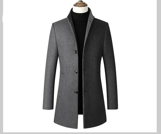 Men’s Wool-Blend Winter Overcoat – Stand Collar, Slim Long Coat
