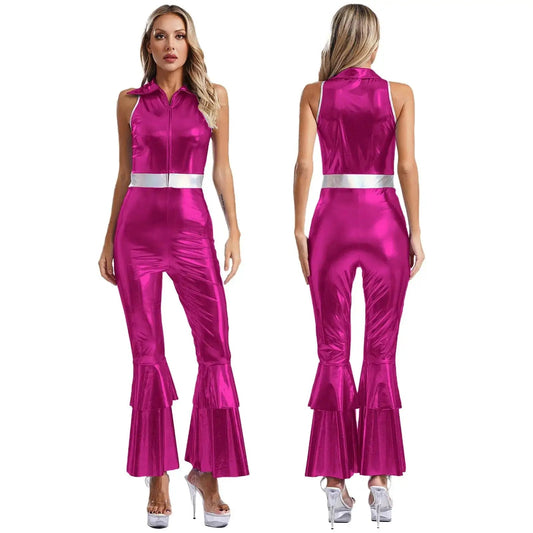Women’s 70s Metallic Disco Jumpsuit – Sleeveless High – Waist Flared Costume – Blue – S