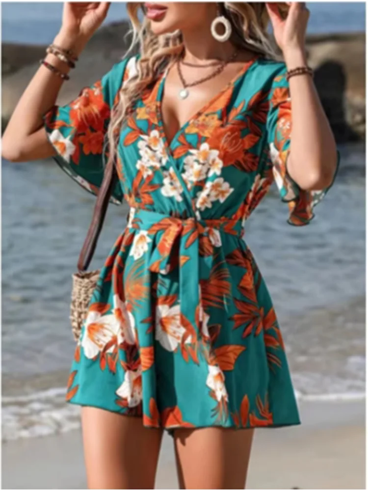 Women’s V-Neck Short-Sleeve Printed Romper – Lightweight, Beach-Ready