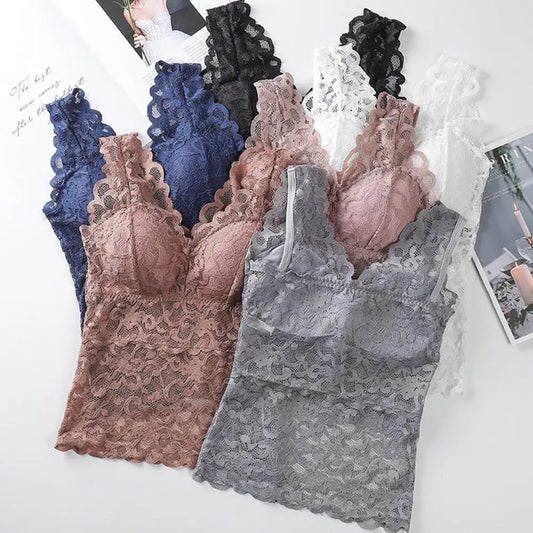 Women’s Lace V-Neck Tank Top – Soft Stretch Bralette Style
