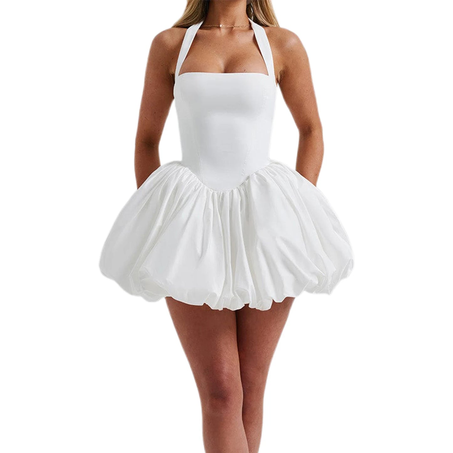 Women’s Halter Mini Dress – Sleeveless, Bubble Skirt, Tie-Back