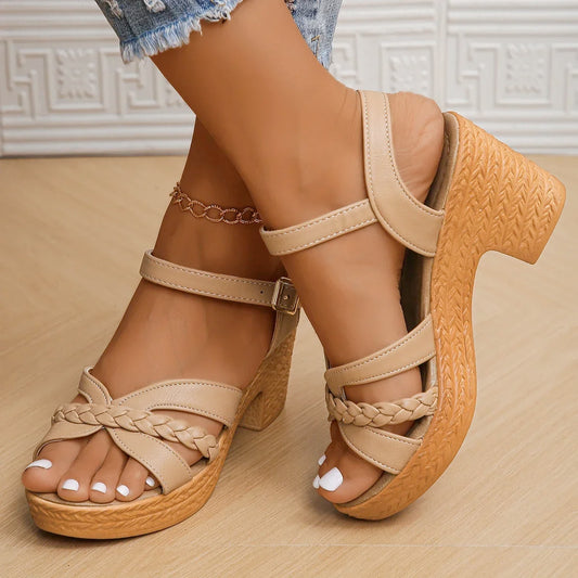 Platform Heeled Sandals – Buckle Strap, Open Toe