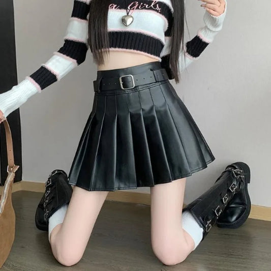 Women’s Pleated PU Mini Skirt with Belt – High-Waist, A-Line