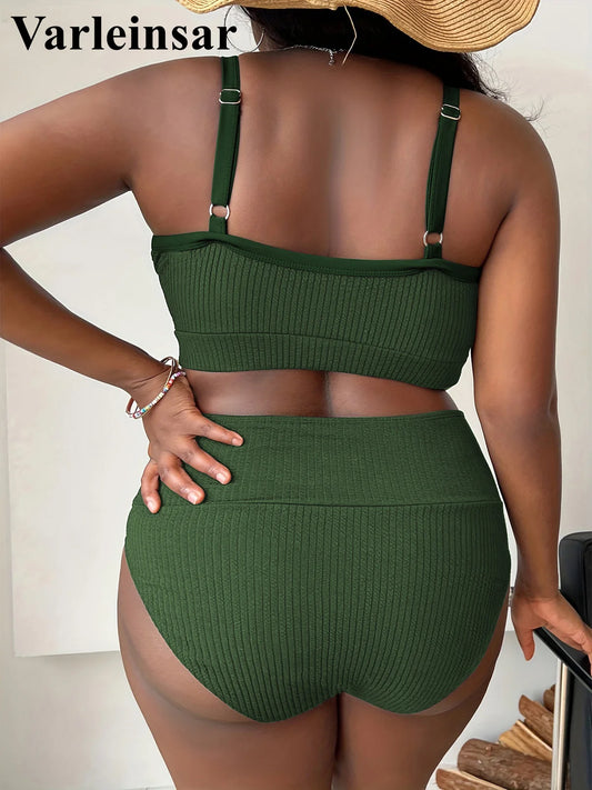 Women’s Plus Size Ribbed Bikini Set – High Waist, Crisscross Top