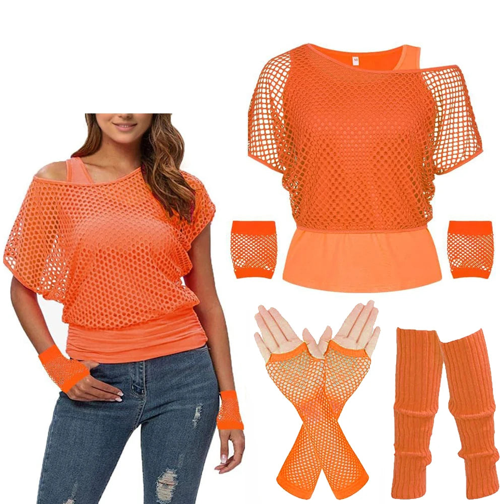 Women’s 80s Neon Mesh Top and Gloves Set – Retro Party Costume – Black & Pink Set – M