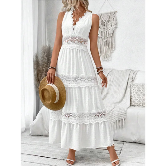 Women’s Lace V-Neck Maxi Dress – High Waist, Ankle Length
