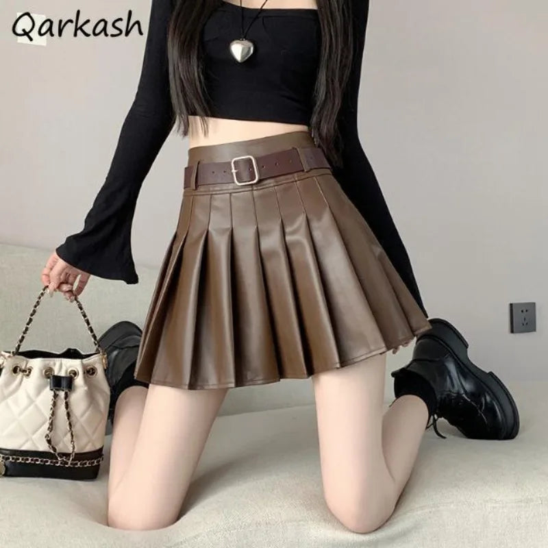Women’s Pleated PU Mini Skirt with Belt – High-Waist, A-Line