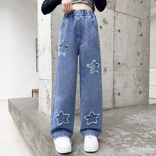 Kids’ Star Patch Wide-Leg Jeans – Elastic Waist, Comfy Street Style