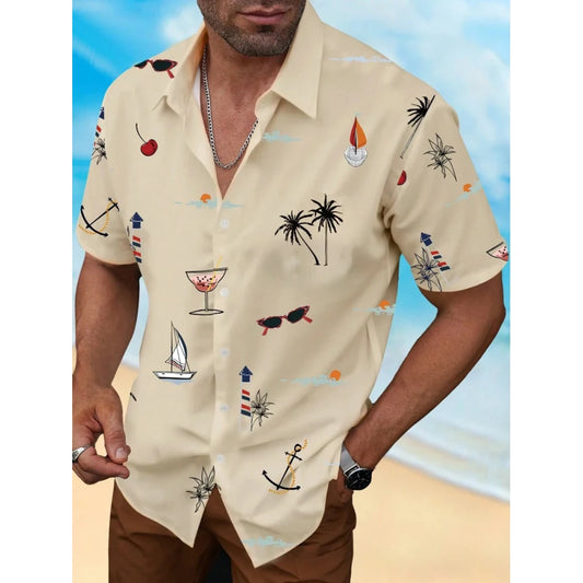 Men’s Palm Tree Print Button-Down Shirt – Short Sleeve Beach & Cruise Casual