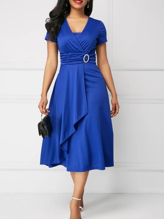 Women’s Elegant V-Neck Midi Dress with Asymmetrical Hem